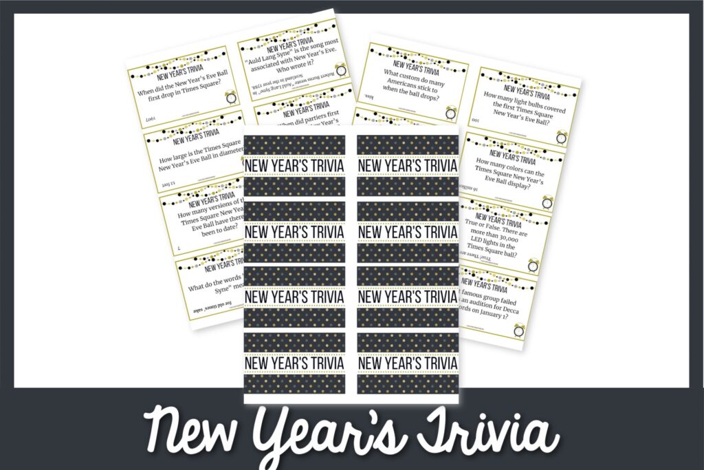 Examples of the New Year's themed trivia cards with a black border. 