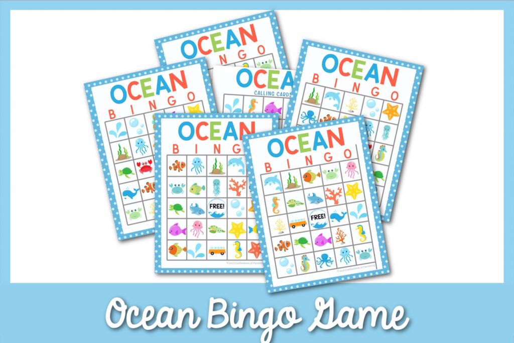 Examples of the ocean-themed bingo cards with a light blue border. 