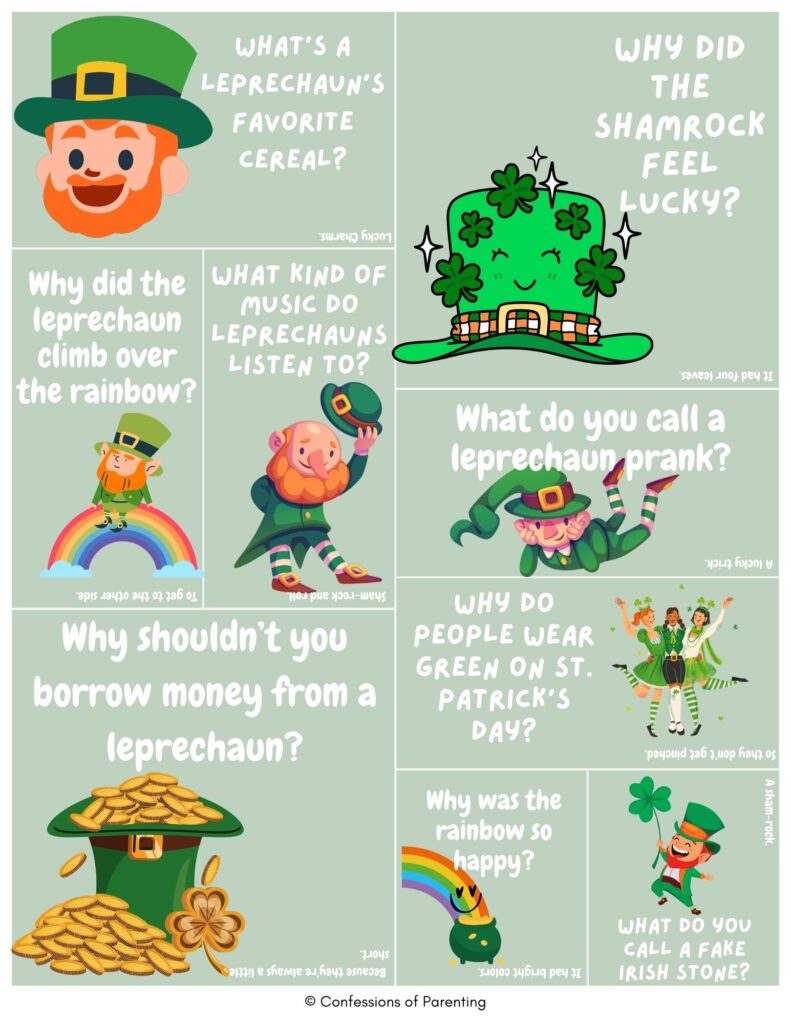 St. Patrick’s Day jokes for kids featuring cute leprechauns, shamrocks, rainbow, pot of gold, and funny Irish-themed question-and-answer puns on a green background.
