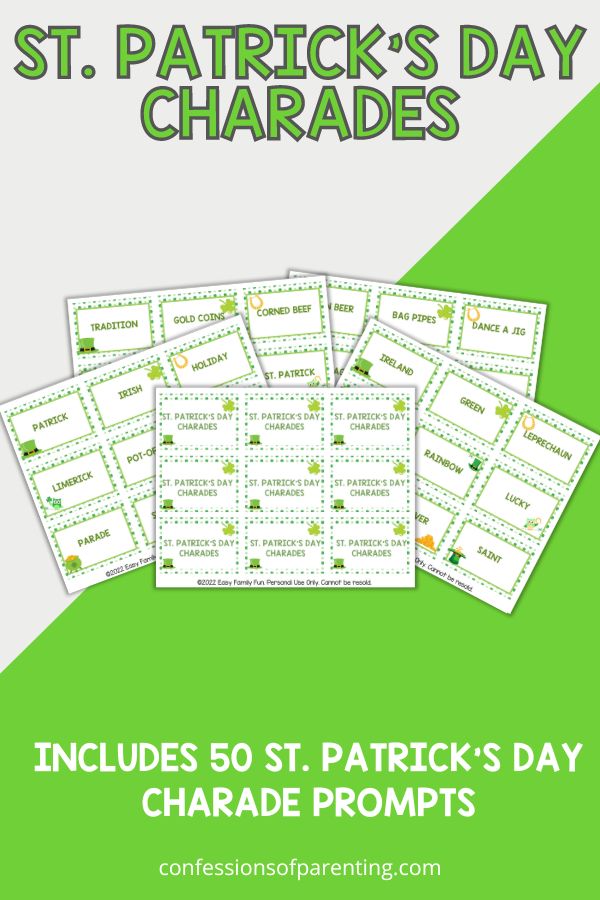 30+ St. Patrick's Day charades on a white and green background 