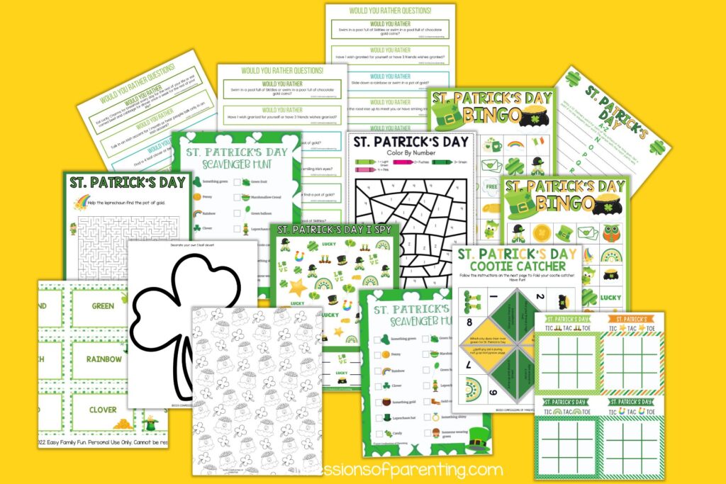 PDFs of 30+ St. Patrick's Day Games on yellow background