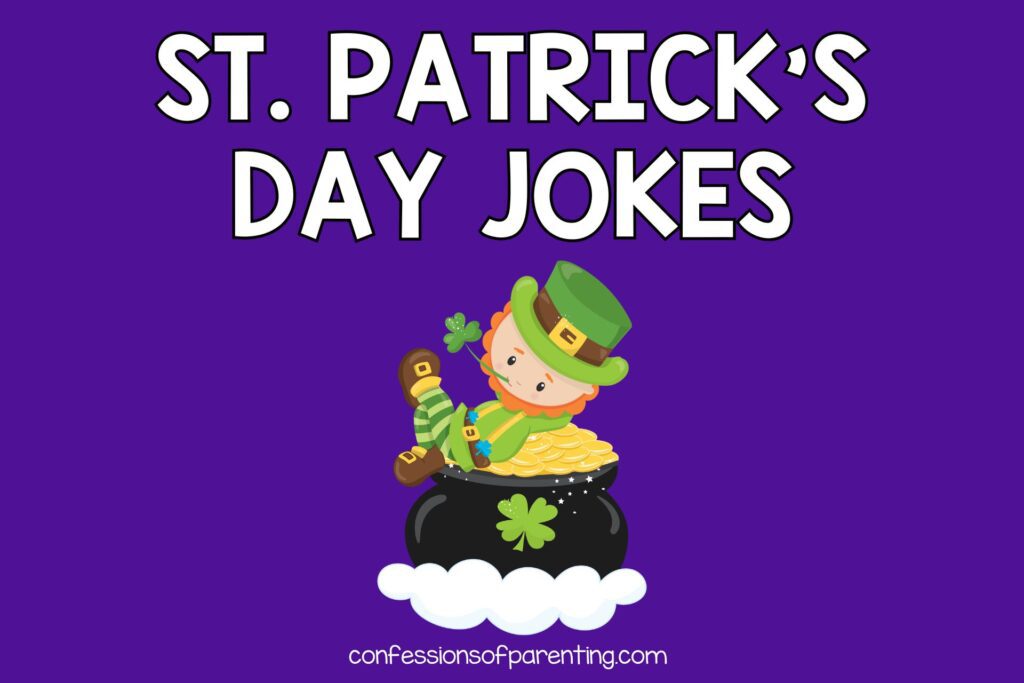 Leprechaun with orange beard and green clothing with shamrock stem in his mouth laying back on the top of a black pot of gold on top of a cloud with a four-leaf clover on the front of the pot. All on a purple background with white lettering "St. Patricks day jokes". 