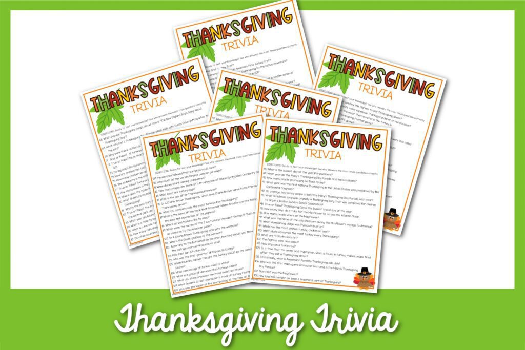 Examples of the Thanksgiving-themed trivia printable with a green border. 