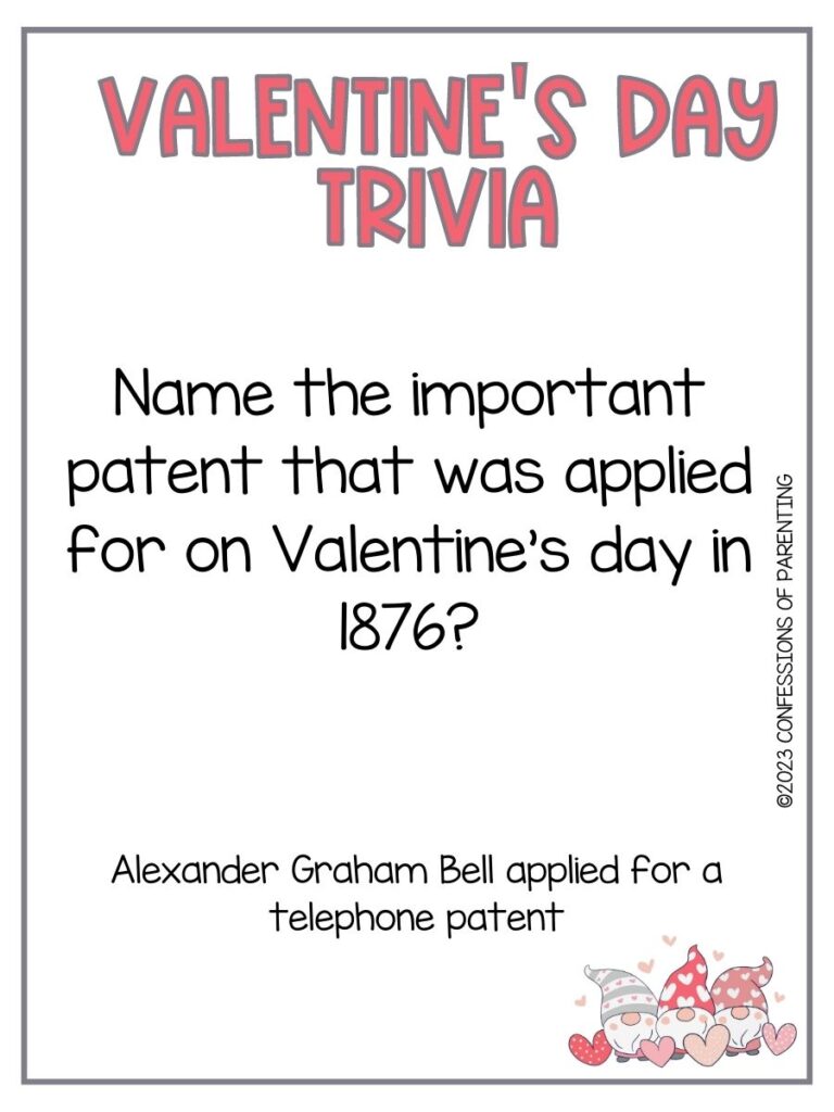 pink and gray Valentines Gnomes with gray border. In pink writing "Valentines Day Trivia" with a trivia question. 