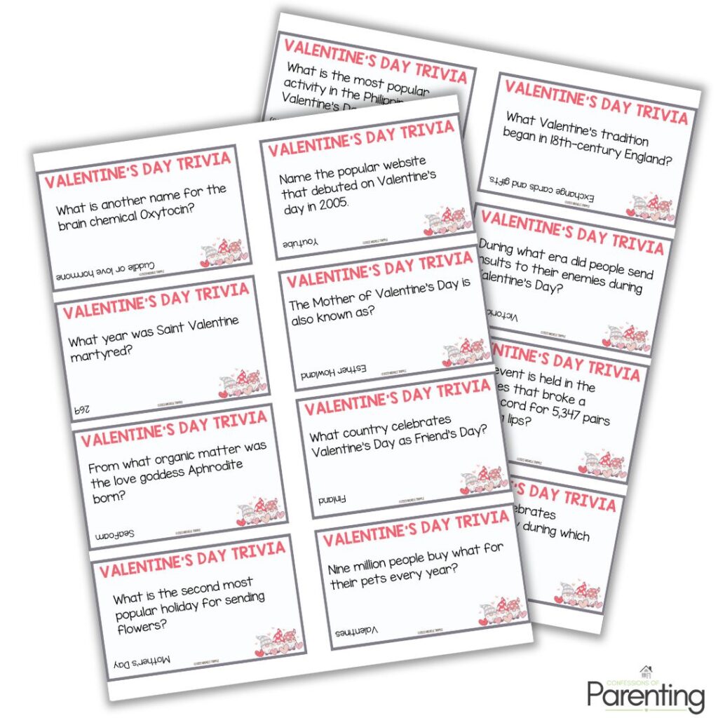 Free printable Valentine’s Day trivia game with pink and red themed cards for family fun