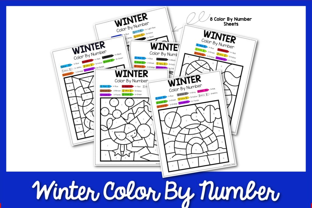 Examples of the winter-themed color by number worksheet with a blue border. 