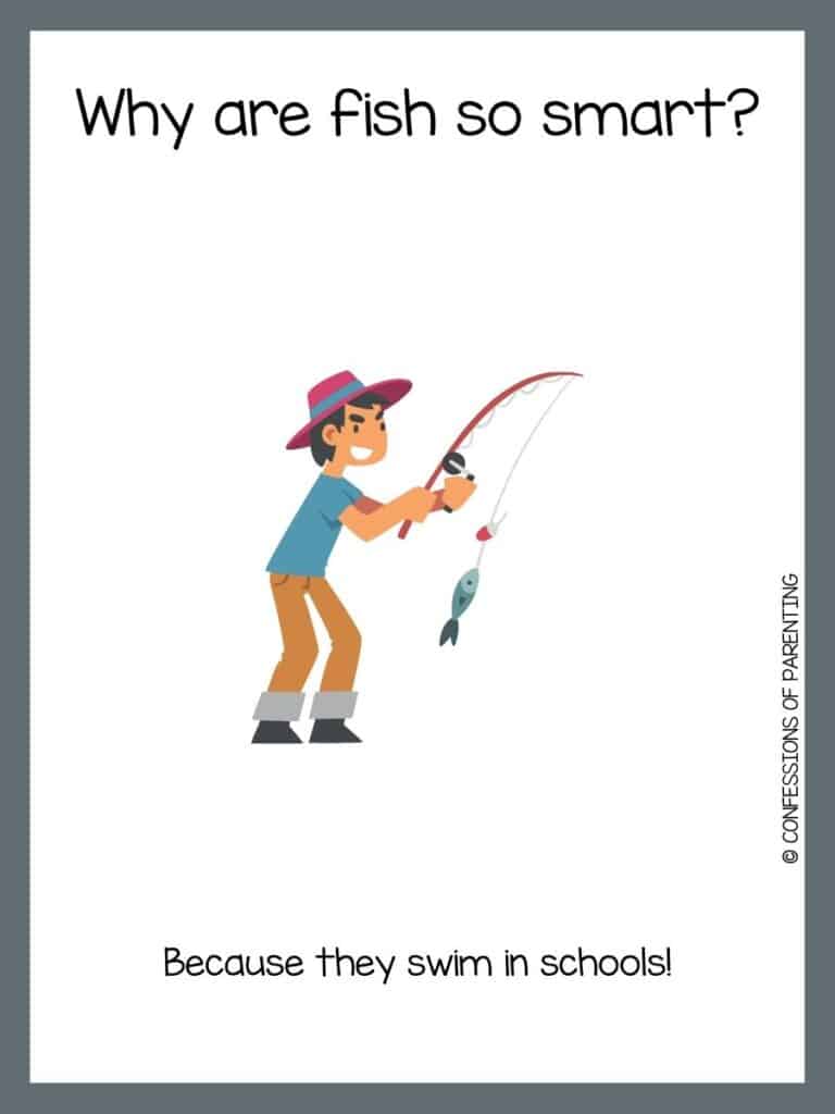 Grey bordered image with fishing joke written on it along with a cartoon image of a person fishing