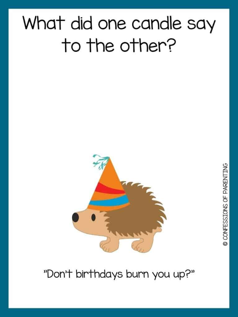 blue bordered image with a birthday riddle on it and cartoon image of a birthday present or animal with a birthday hat