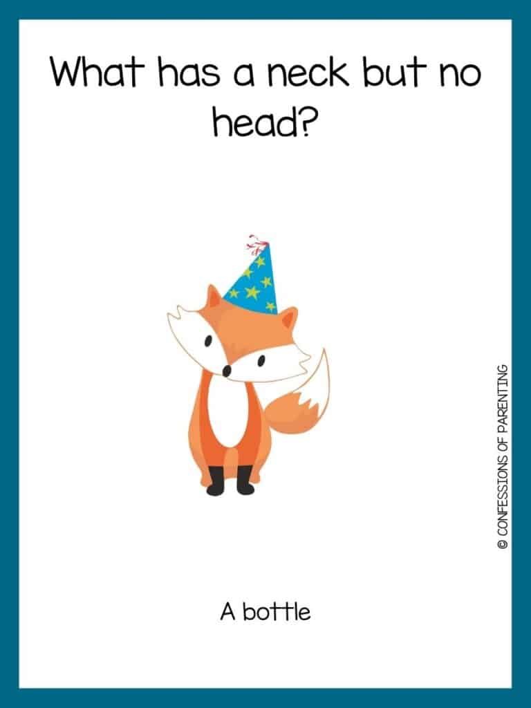 blue bordered image with a birthday riddle on it and cartoon image of a birthday present or animal with a birthday hat