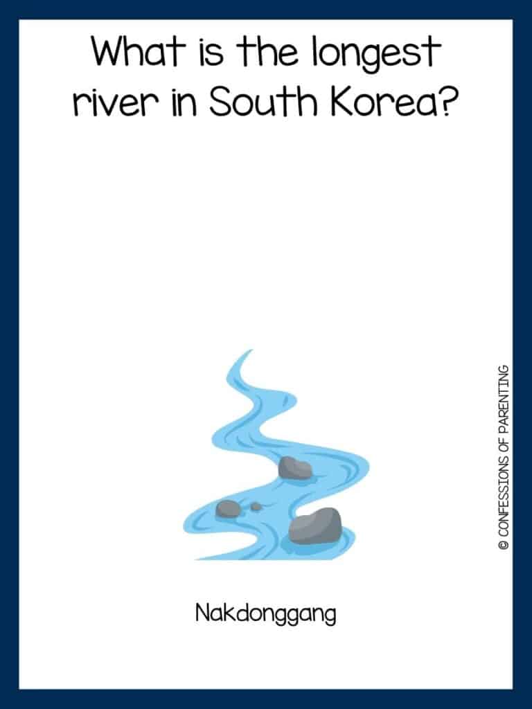 Dark blue bordered image with a river riddle on it along with a cartoon image of a river