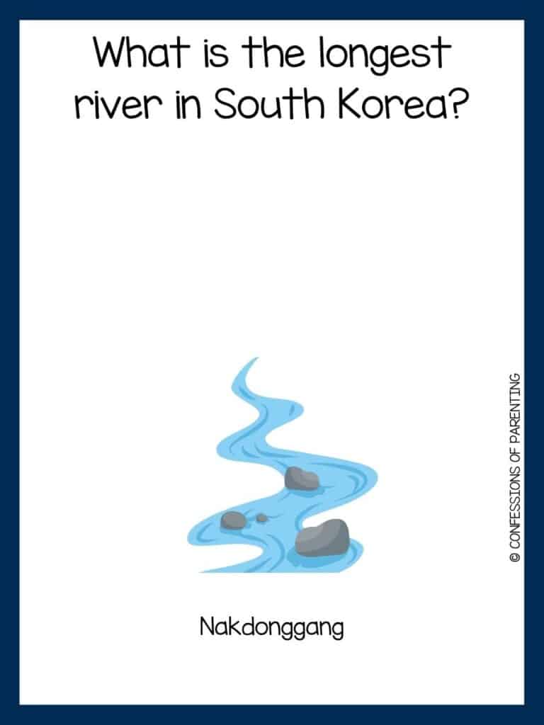 Hình ảnh có viền màu xanh đậm với câu đố về dòng sông trên đó cùng với hình ảnh hoạt hình về dòng sông