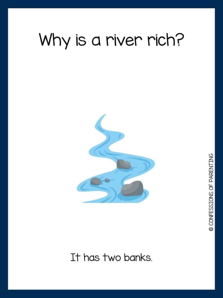 Dark blue bordered image with a river riddle on it along with a cartoon image of a river