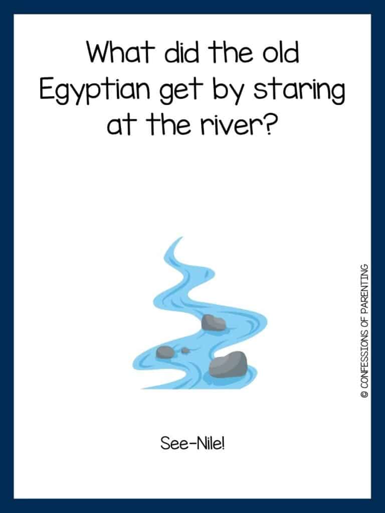 Dark blue bordered image with a river riddle on it along with a cartoon image of a river