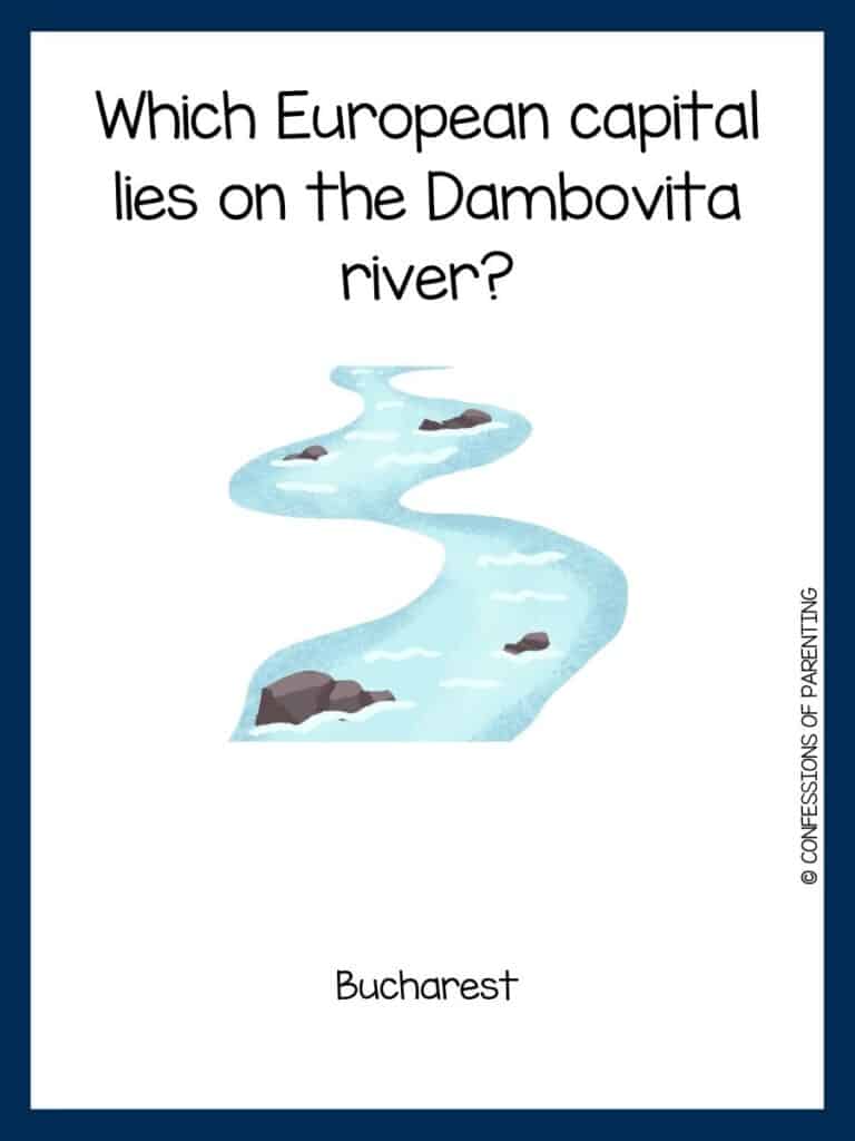 Dark blue bordered image with a river riddle on it along with a cartoon image of a river