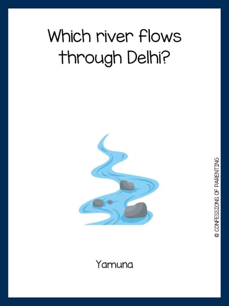 Dark blue bordered image with a river riddle on it along with a cartoon image of a river