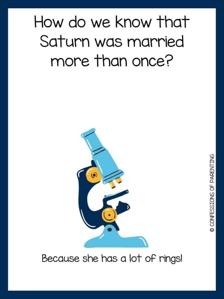 dark blue bordered image with a science riddle on it and cartoon science image