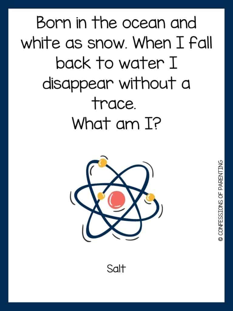 dark blue bordered image with a science riddle on it and cartoon science image