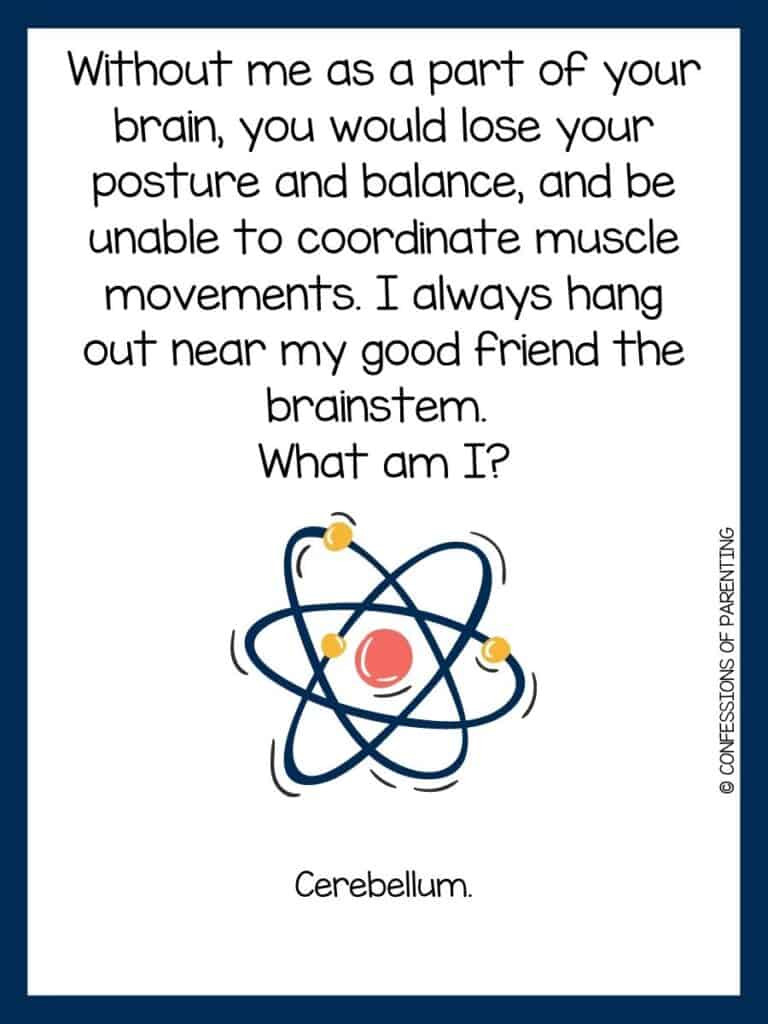 dark blue bordered image with a science riddle on it and cartoon science image