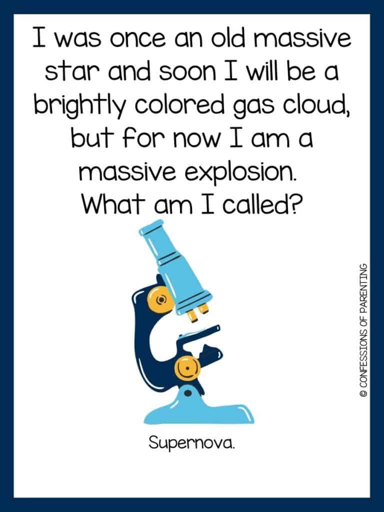 dark blue bordered image with a science riddle on it and cartoon science image