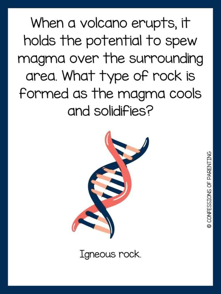 dark blue bordered image with a science riddle on it and cartoon science image