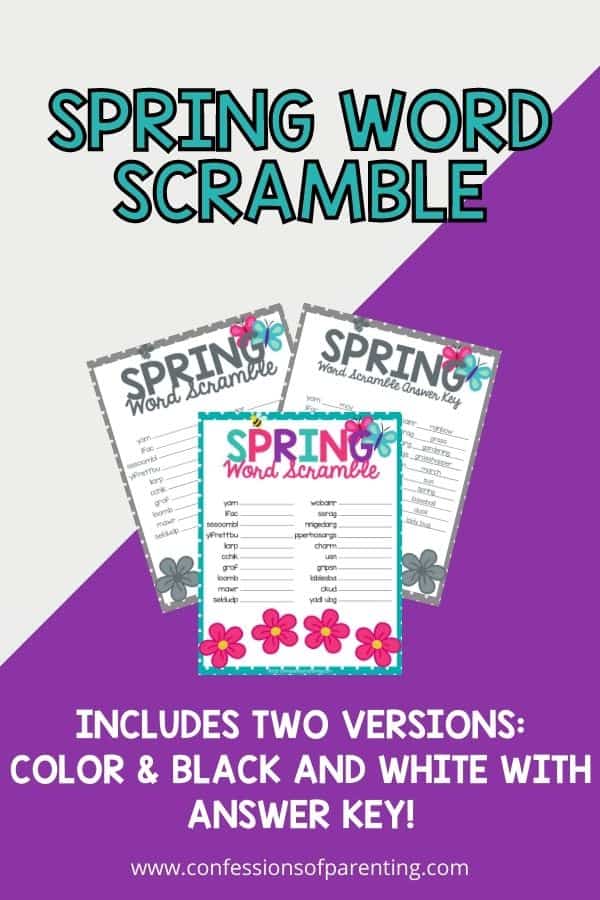 Example of the spring word scramble with two versions: color and black and white with an answer key on a purple background. 