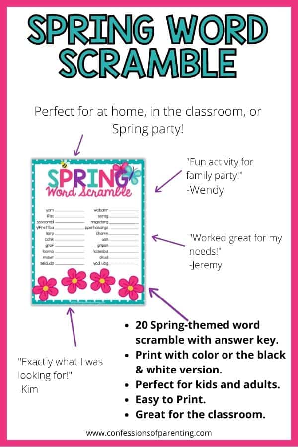 Testimonial for the Spring themed word scramble with a bright pink border. 