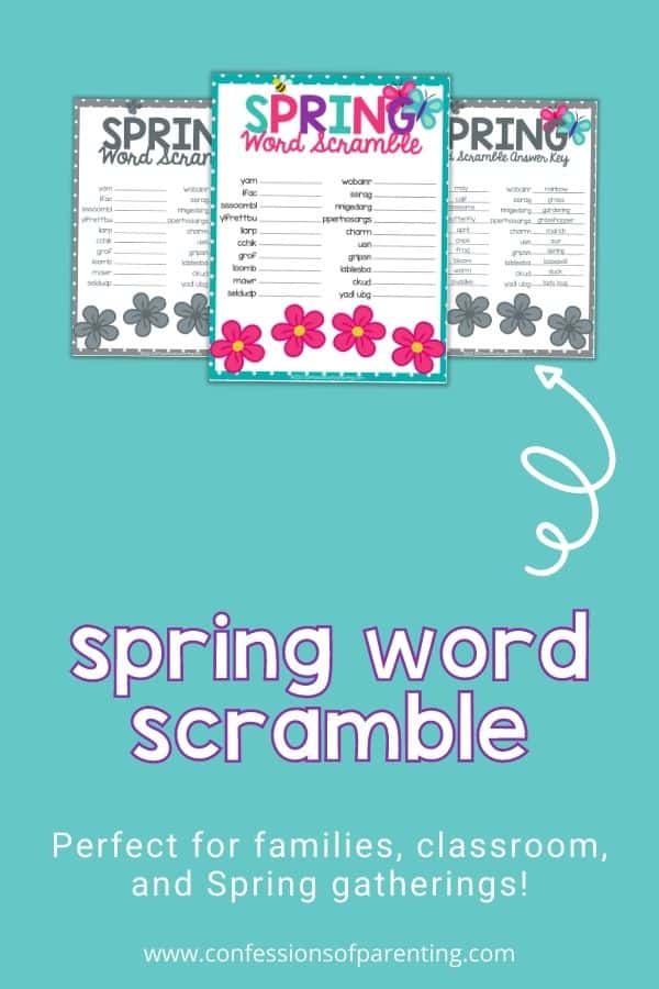Example of the word scramble is perfect for families and the classroom on a teal background. 