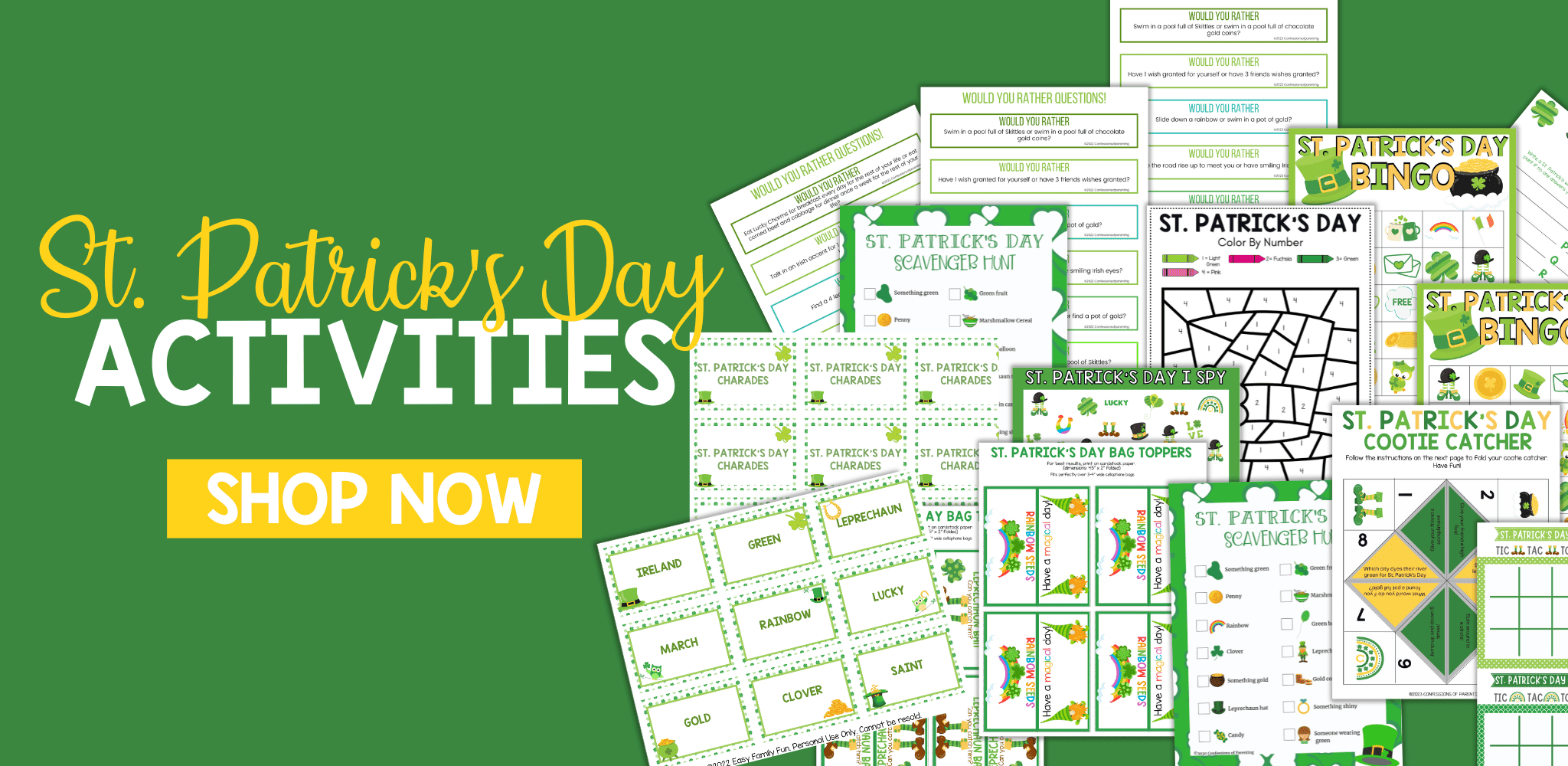 St Patricks Day Activities PDF with green background and yellow box that says shop now