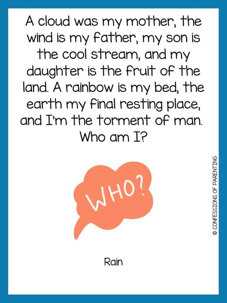 blue bordered image with Who am I riddle on it