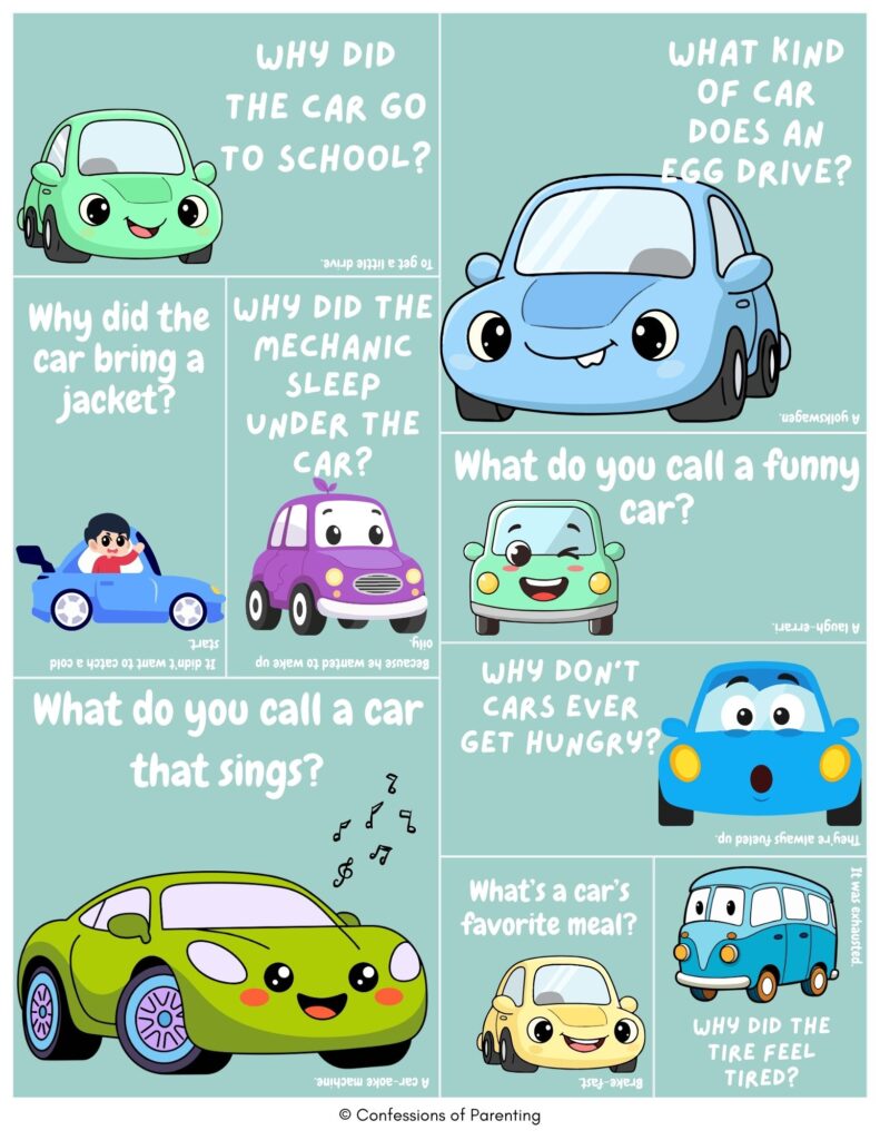 Kid-friendly car jokes cards with cute cartoon cars on green background, featuring funny riddles about school, mechanics, tires, and meals.
