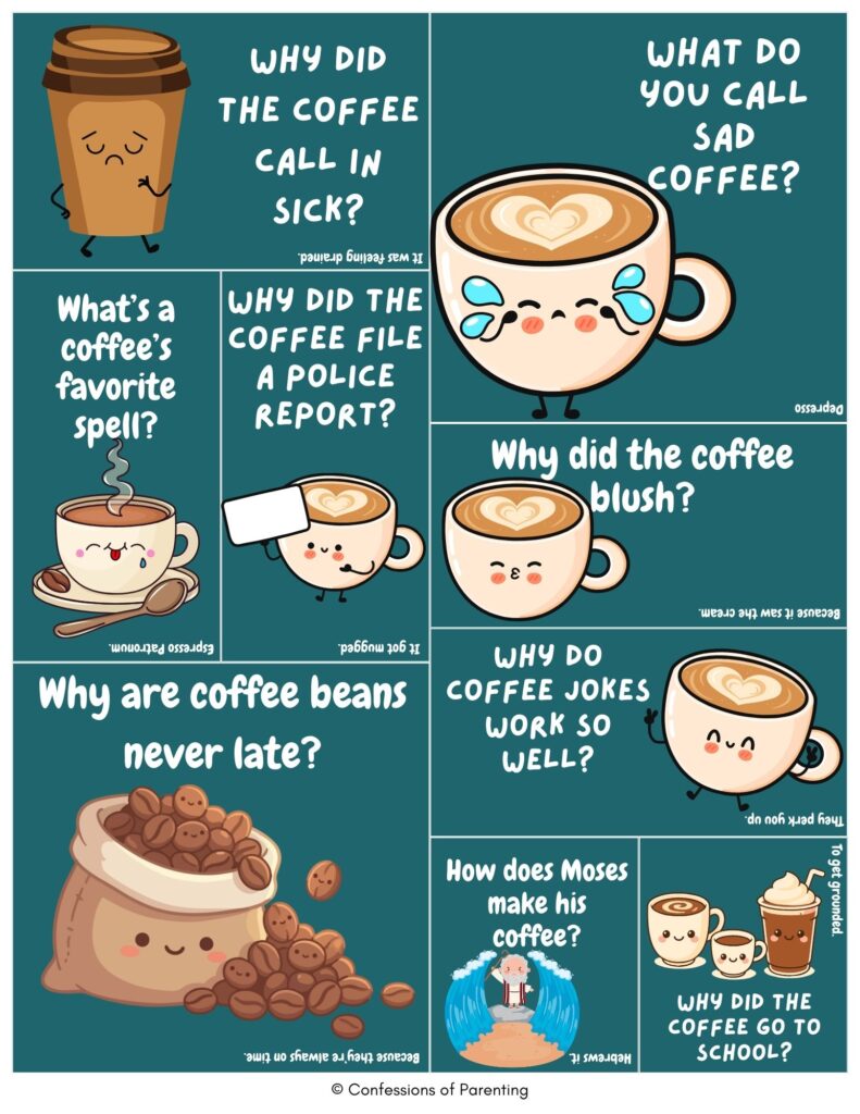 coffee jokes for kids and adults featuring cute cartoon coffee cups and coffee beans with funny question-and-answer puns on a teal background.