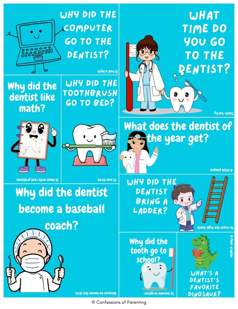 Printable dentist jokes for kids featuring cute cartoon dentists, teeth, toothbrushes, and funny dental-themed question-and-answer puns on a bright blue background.