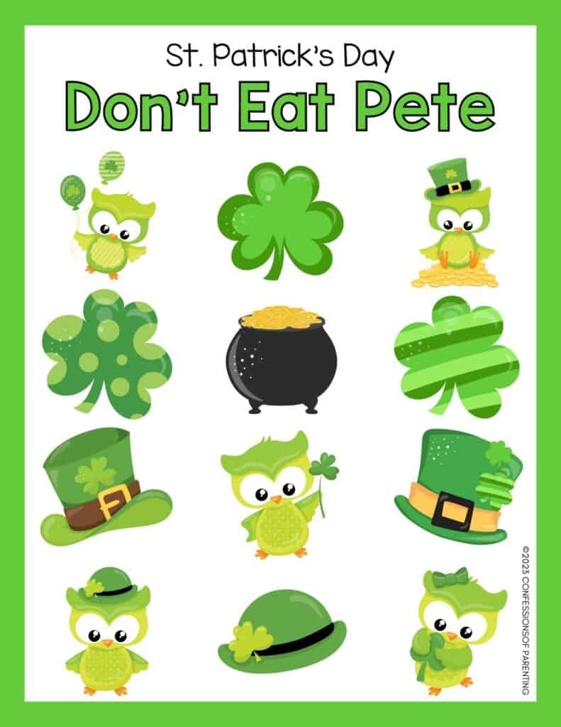 Ngày theo chủ đề Thánh Patrick "Đừng Ăn Pete," bảng trò chơi có viền màu xanh lá cây. 
