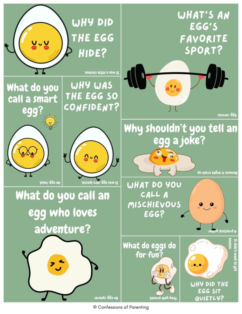 Easter egg jokes for kids featuring cute cartoon eggs with funny question-and-answer puns, including egg-themed sports, confidence, adventure, and silly egg humor on a green background.