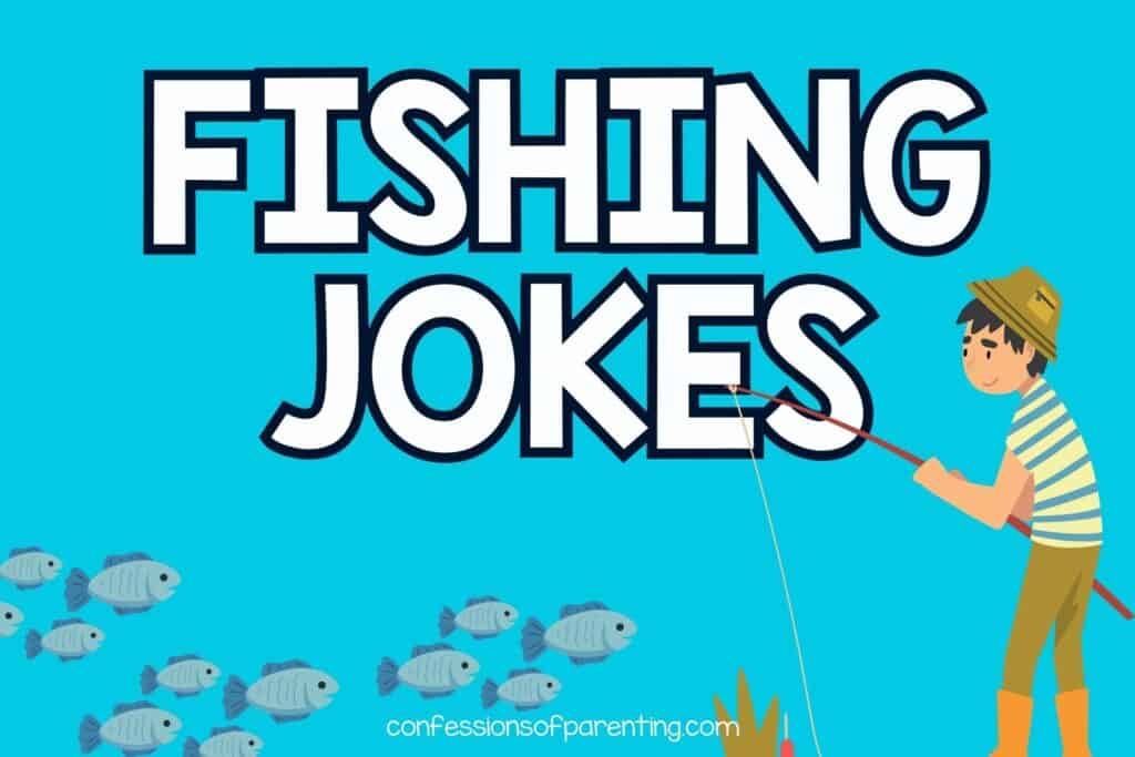 blue background with a man fishing with blue fish with white text with black outline "fishing jokes"