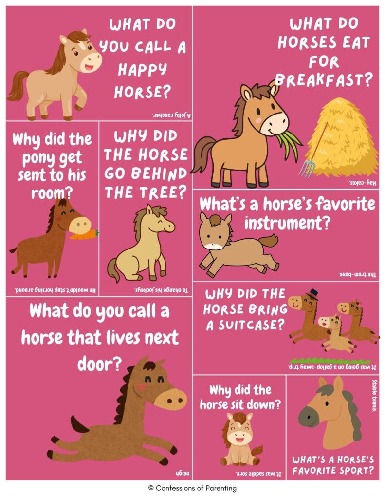 Kid-friendly horse jokes cards with cute cartoon horses on pink background, featuring funny riddles about ponies, hay, sports, and neighbors.