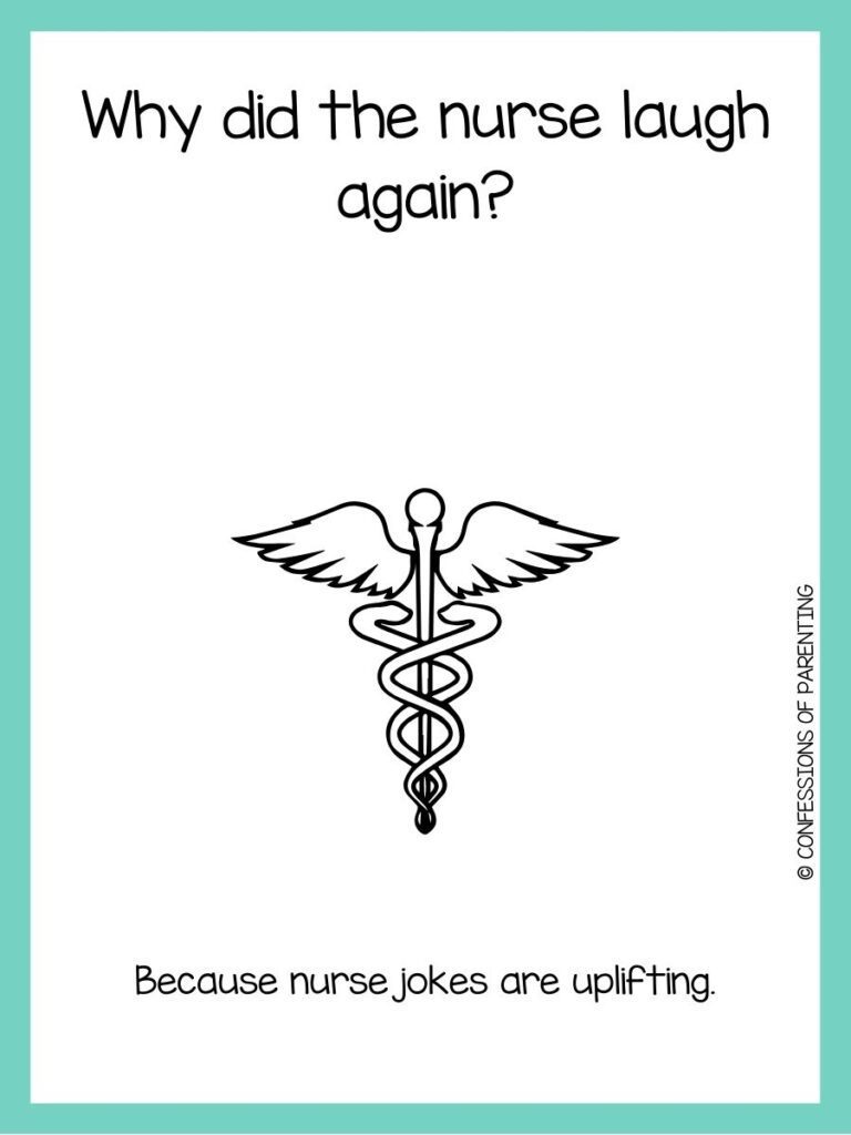 Nurse joke card featuring a medical symbol (caduceus) and the punchline “Because nurse jokes are uplifting.”