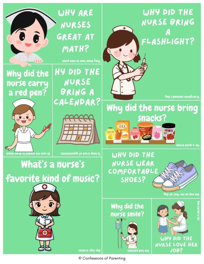 Kid-friendly nurse jokes cards with cartoon nurses, calendar, snacks, and shoes on green background, featuring funny hospital and healthcare riddles.