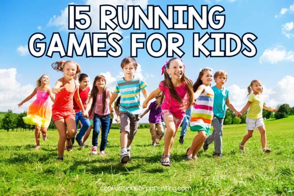 kids running with white tex that says 15 running games for kids