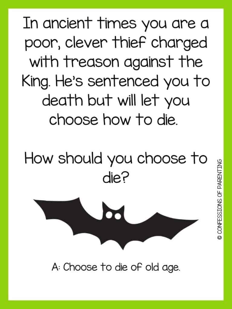 Creepy riddle with black bat and green border.