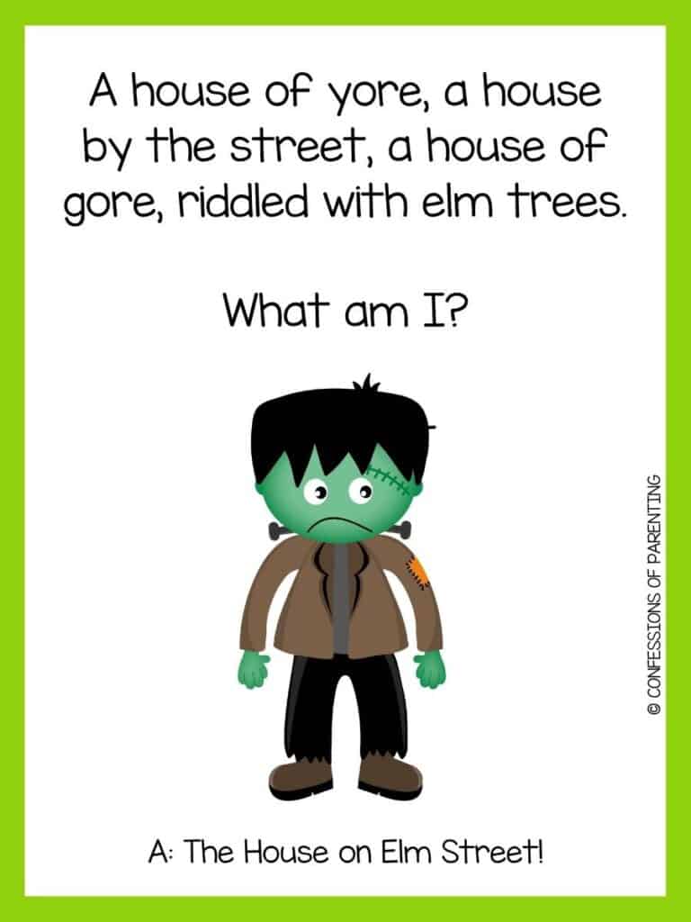 Creepy riddle with young Frankenstein in brown jacket and green border.