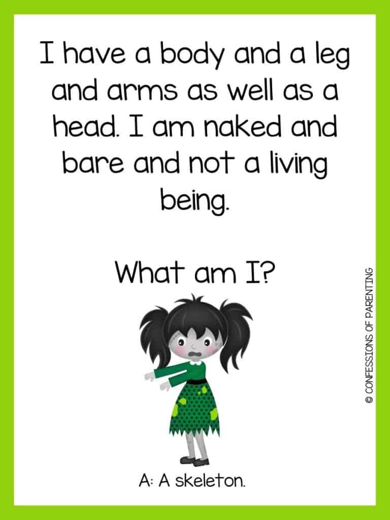 Creepy riddle with zombie girl in green dress and green border.