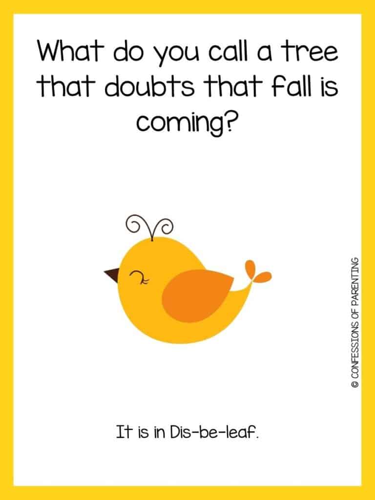 Orange bird with yellow border and fall riddle for kids.