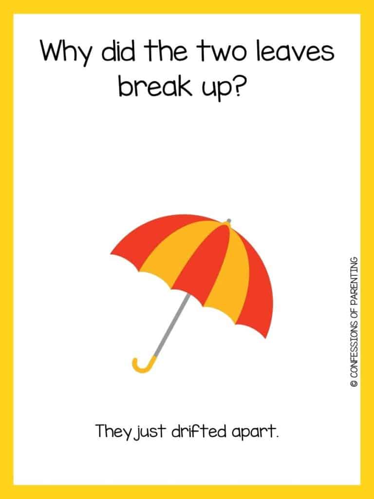 Red and yellow striped umbrella with yellow border and fall joke for kids.