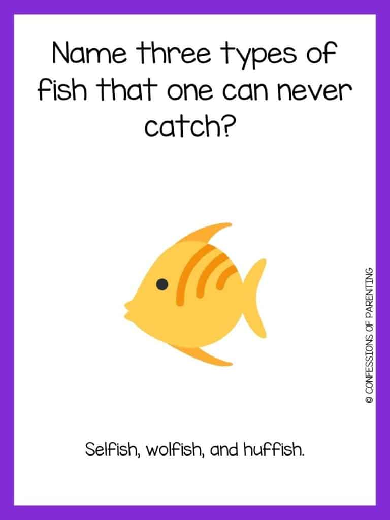 Yellow fish with stripes and purple border and fish riddle for kidsl.
