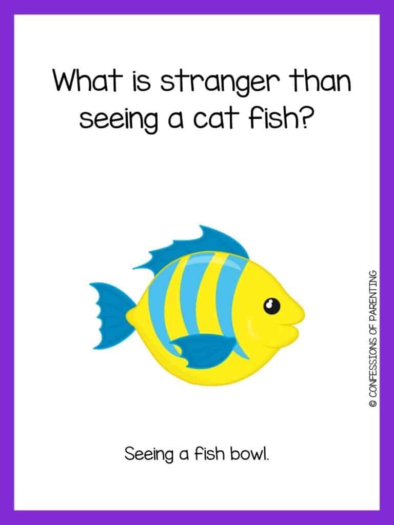 Smiling yellow fish with blue stripes and fins with purple border and fish riddle for kids.