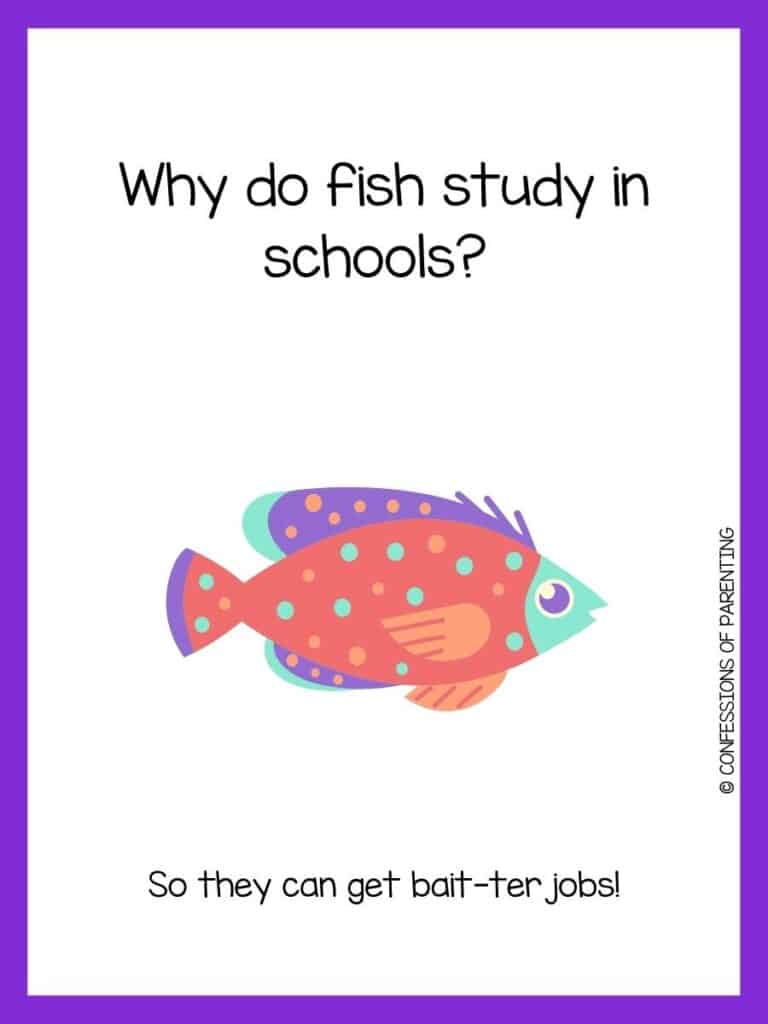 Red fish with spots and purple fins with purple border and fish joke for kids.