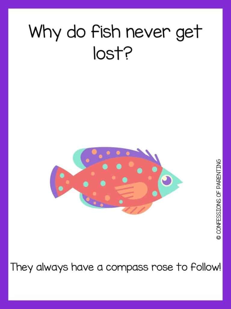 Red fish with orange and blue spots with purple border and fish riddle for kids.
