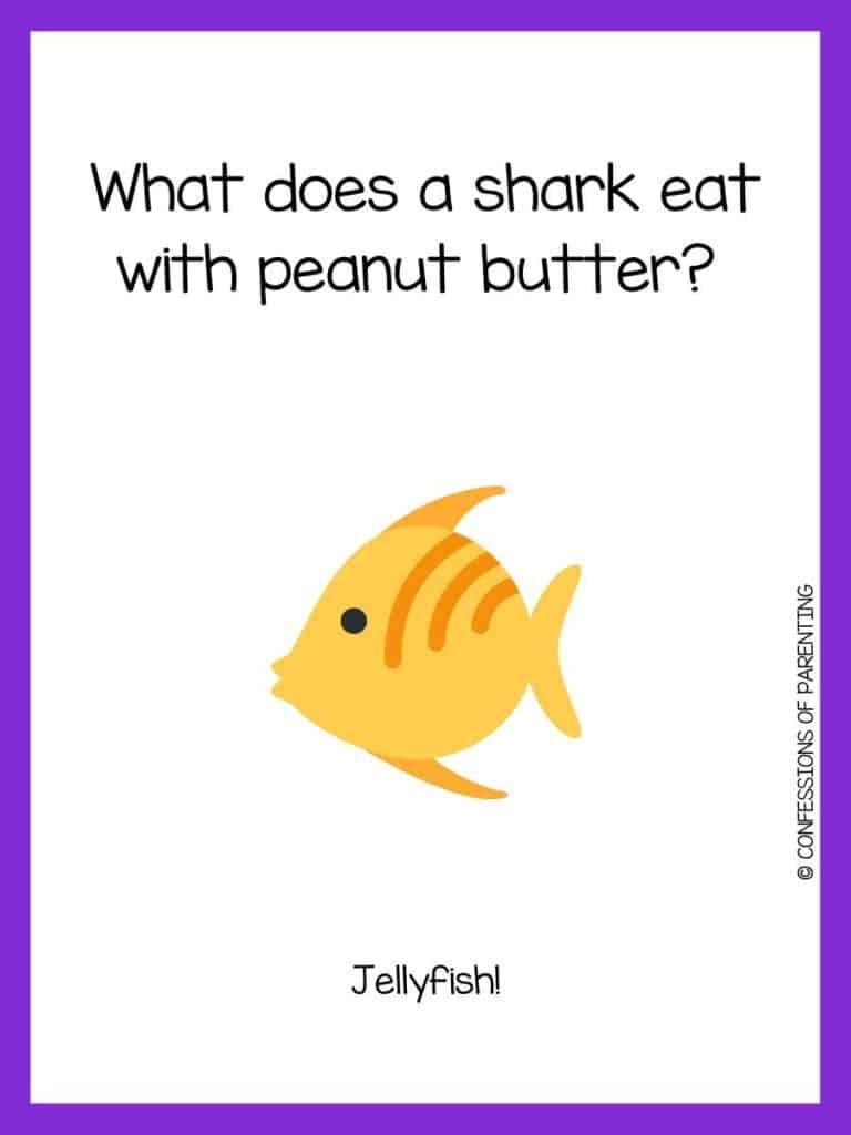 Yellow fish with orange stripes with purple border and fish joke for kids.