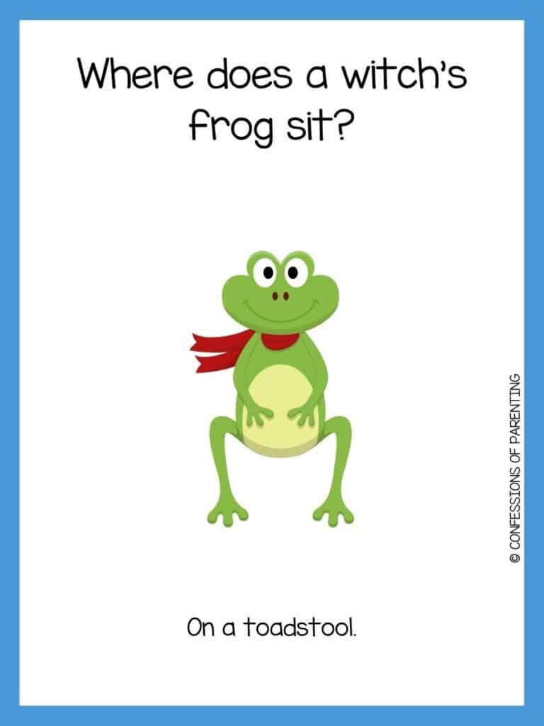 Frog joke on white background with blue border and green smiling frog wearing dark red scarf